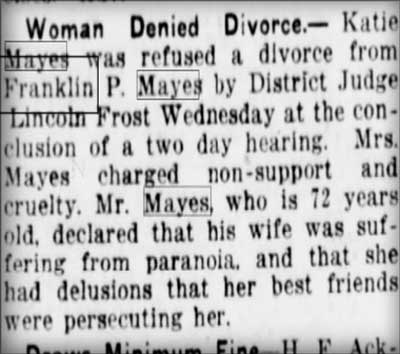 Newspaper report on the May 28, 1924 ruling with the headline 'Woman Denied Divorce.' Links to Katie's story.